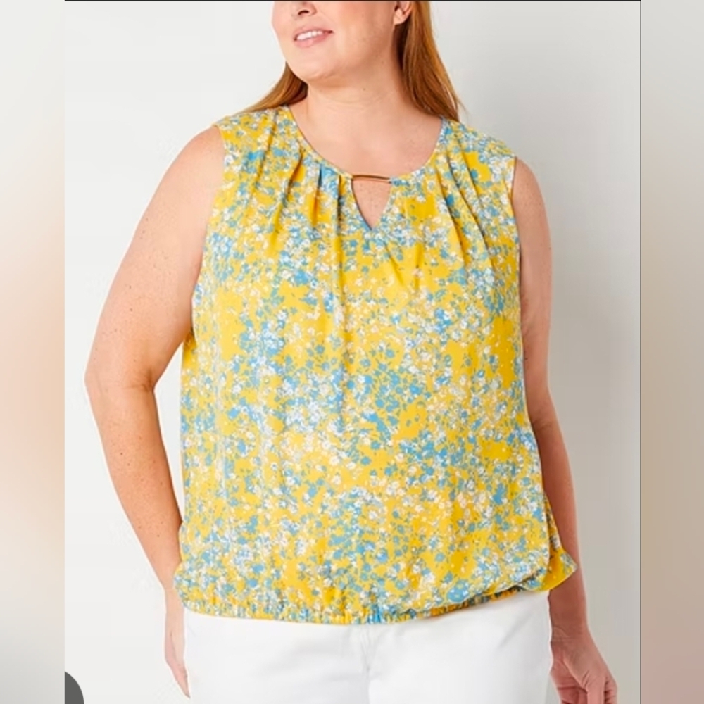 Liz Claiborne Yellow Splash Print Keyhole Sleeveless Top XXL NWT (7747)